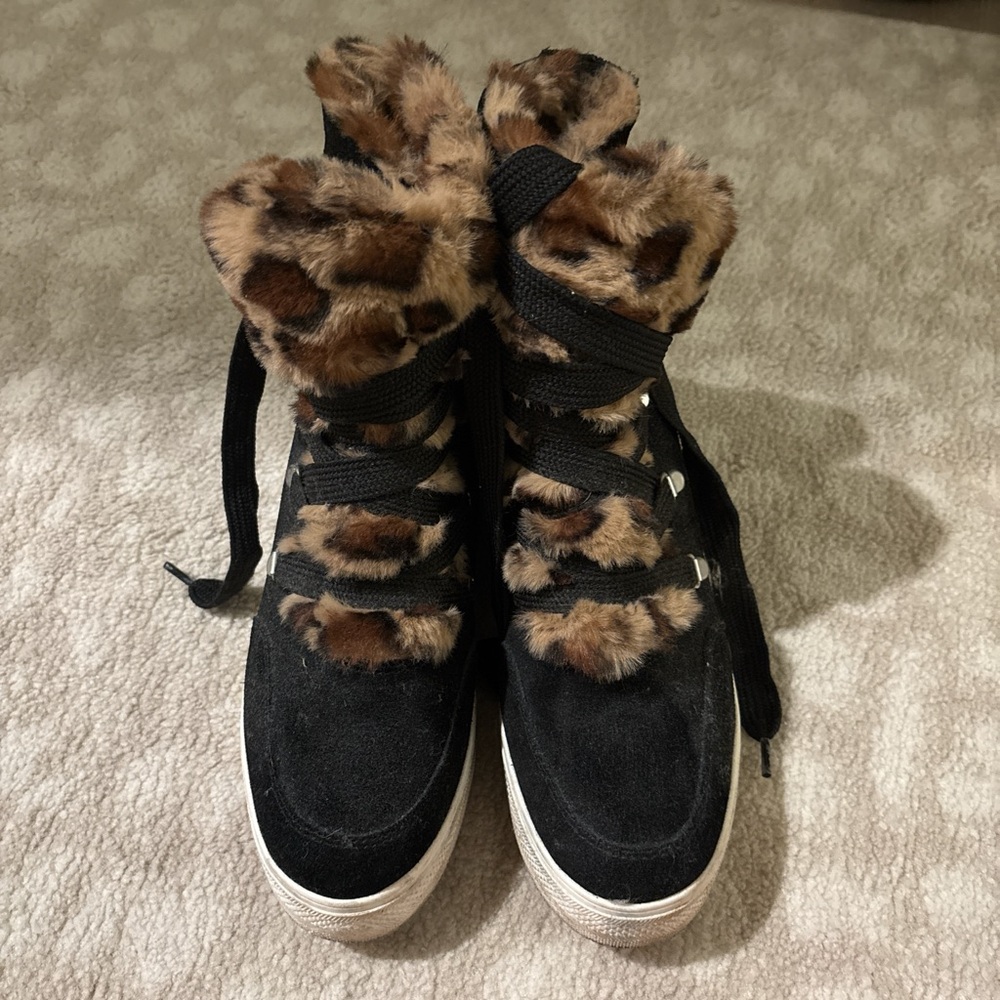 Women's Black Suede Lace-Up Sneakers with Leopard Faux Fur Trim